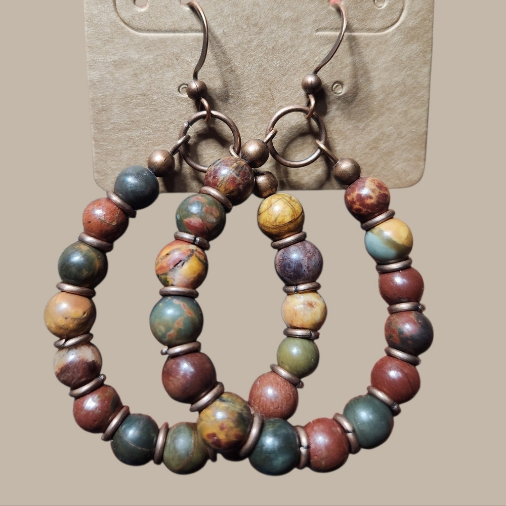 Multicolor Natural Jasper Stone Hoop Earrings - Women Jewelry #410 - Picture 1 of 4